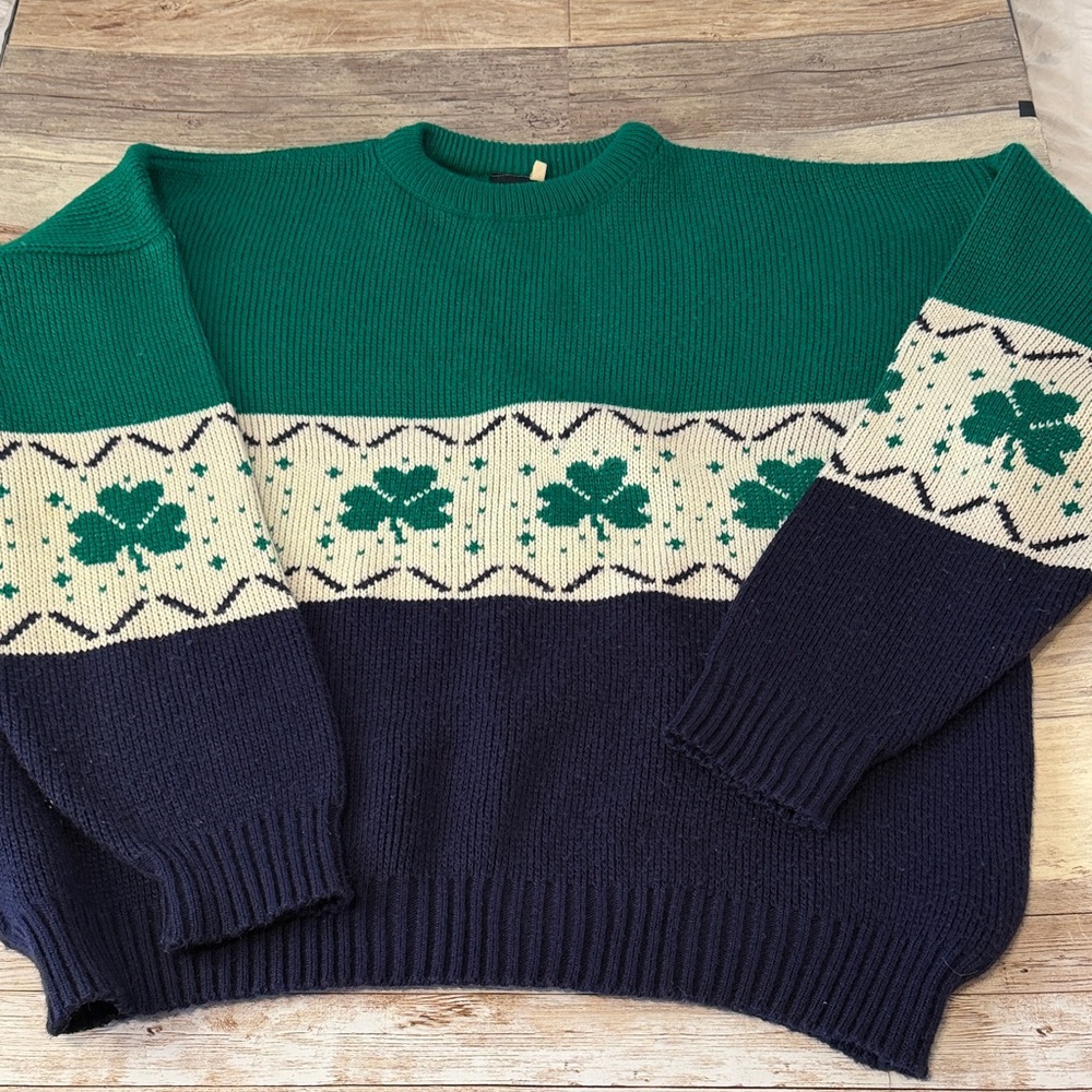 Blarney Castle Designs Vintage Green and Navy Shamrock Sweater XL
